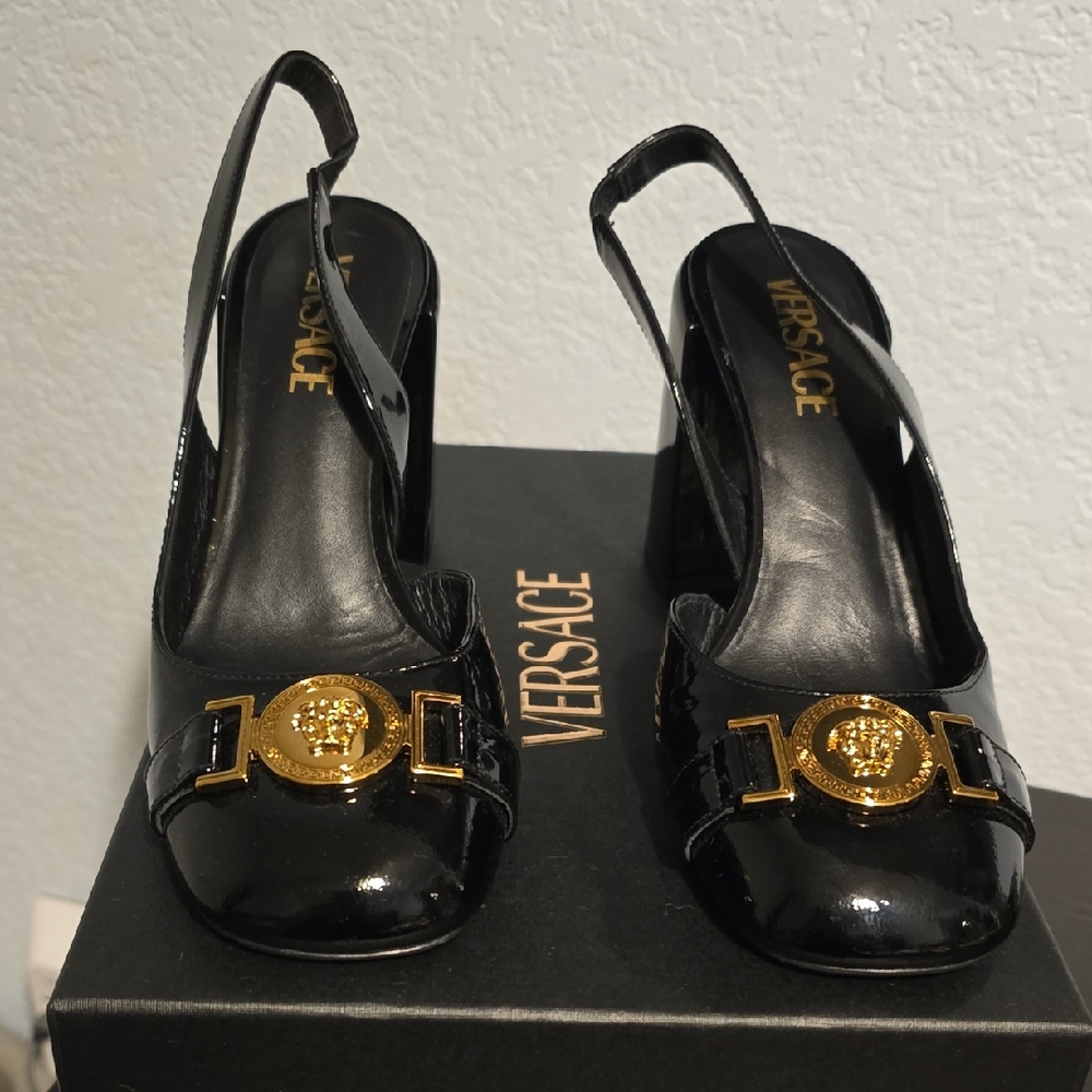 Versace Black Heels with Gold Medallion